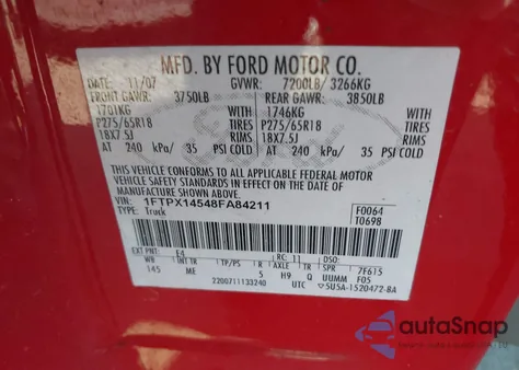 2008 Ford F-150 Fx4/Lariat/Xl/Xlt z USA, uszkodzony, nr VIN 1FTPX14548FA84211